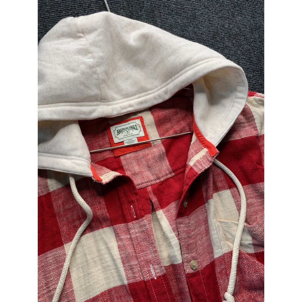 American Eagle Hooded Flannel Women L Red Buffalo Plaid Grunge Oversized Soft